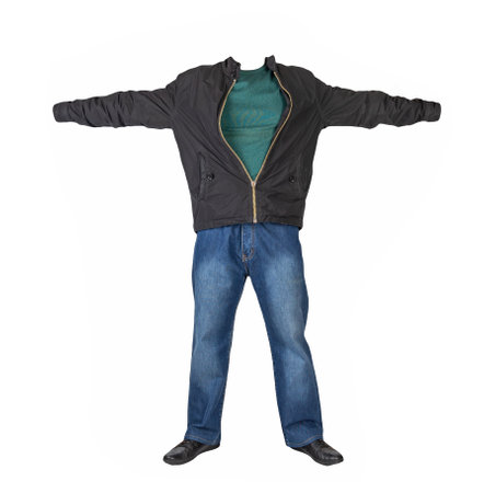 dark blue jeans, green sweater, black jacket and black leather shoes isolated on white background. Casual styleの写真素材