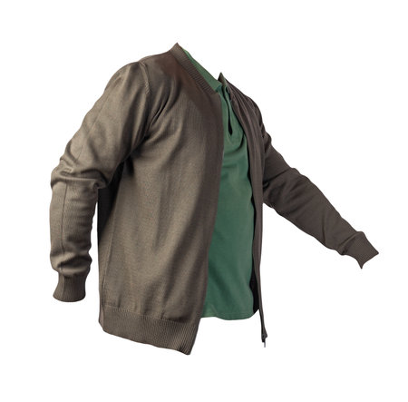 dark green men's knitten bomber jacket and dark green shirt isolated on white background. fashionable casual wearの写真素材