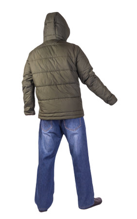 dark blue jeans, black leather shoes, dark green jacket with a hood isolated on white background. Casual styleの写真素材