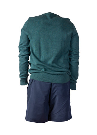 knitted green sweater and dark blue shorts isolated on white background. fashionable clothes for every dayの写真素材