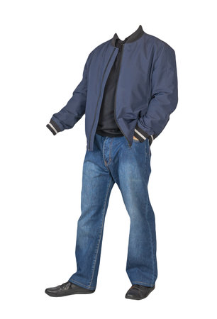 dark blue jeans,black sweater,dark blue bomber jacket and black leather shoes isolated on white background. casual styleの写真素材