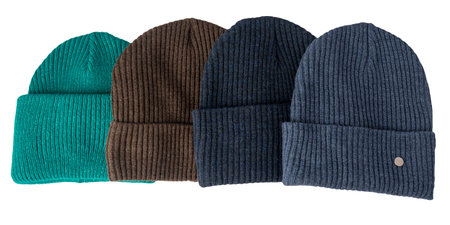 hats of different colors isolated on white background .knitted hat top viewの写真素材