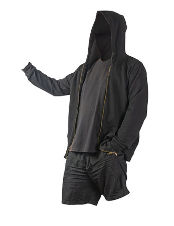 black sweatshirt with iron zipper hoodie, black t-shirt and black sports shorts isolated on white background. casual sportswearの写真素材