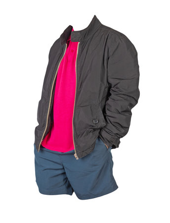 men's black jacket,red shirt and dark blue sports shorts isolated on white background. fashionable casual wearの写真素材