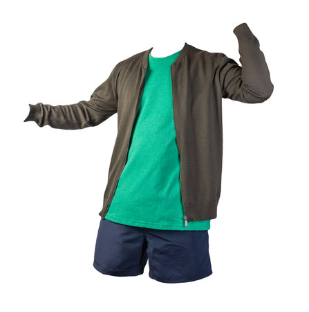 mens dark green knitted bomber jacket,retro heather green t-shirt and dark blue sports shorts isolated on white background. fashionable casual wearの写真素材
