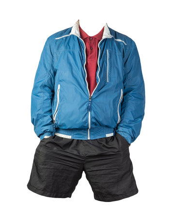 men's blue white jacket windbreaker,dark red shirt and black sports shorts isolated on white background. fashionable casual wearの写真素材