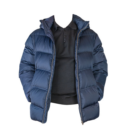 dark blue down jacket with hood and black sweater isolated on white backgroundの写真素材