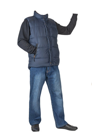 dark blue sleeveless jacket, blue jeans, black sweater and black leather shoes isolated on white background. Casual styleの写真素材