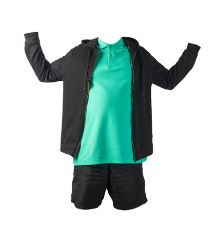 black sweatshirt with iron zipper hoodie,green t-shirt and black sports shorts isolated on white background. casual sportswearの写真素材