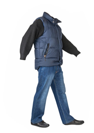 dark blue sleeveless jacket, blue jeans, black sweater and black leather shoes isolated on white background. Casual styleの写真素材