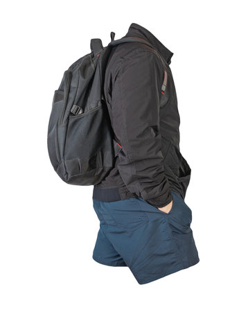 black backpack,dark blue shorts,black jacket isolated on white background. casual wearの写真素材
