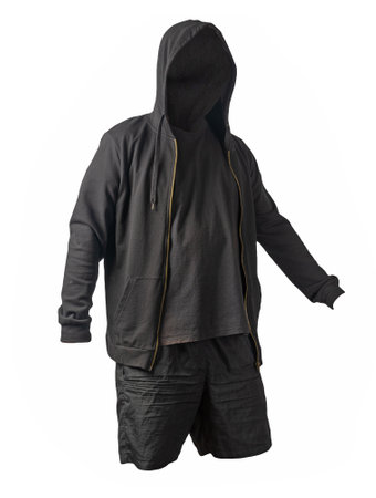 black sweatshirt with iron zipper hoodie, black t-shirt and black sports shorts isolated on white background. casual sportswearの写真素材