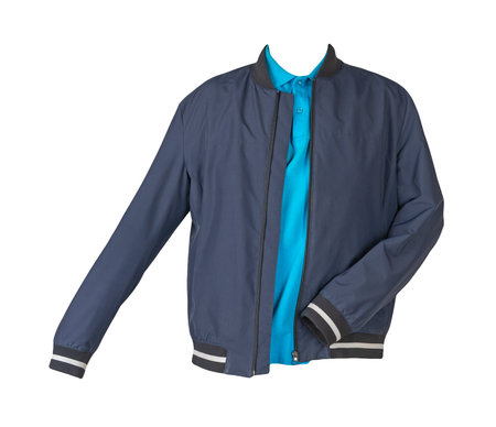 dark blue men's bomber jacket and blue shirt isolated on white background. fashionable casual wearの写真素材