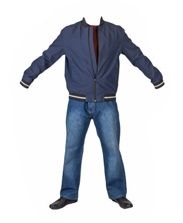 dark blue jeans, dark red sweater, dark blue bomber jacket and black leather shoes isolated on white background. Casual styleの写真素材