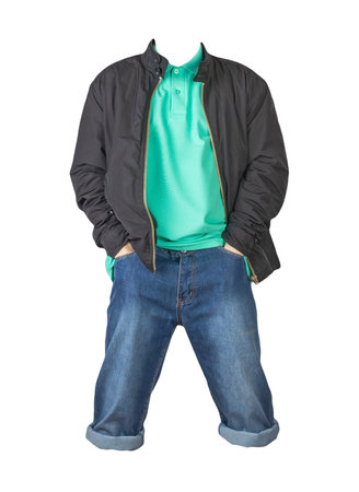 Denim dark blue shorts,light green t-shirt with collar on buttons and black jacket on a zipper isolated on white backgroundの写真素材