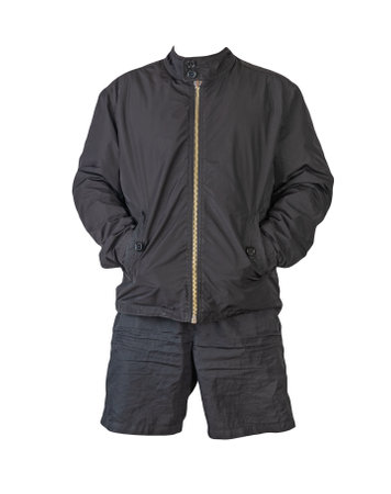 mens black jacket and black sports shorts isolated on white background. fashionable casual wearの写真素材