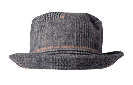 gray black pink woolen bucket hat isolated on white background .fisherman's hat, Irish country hat, session hat, panama.の写真素材