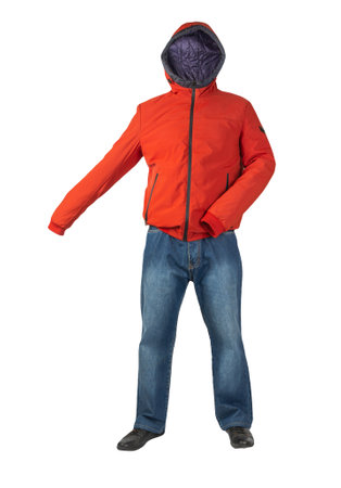 dark blue jeans, black leather shoes, red jacket with a hood isolated on white background. Casual styleの写真素材