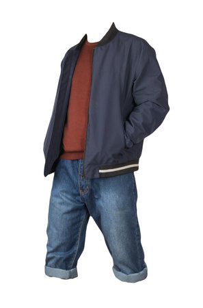 Denim blue shorts,dark red sweater and dark blue jacket on the zipper isolated on white backgroundの写真素材