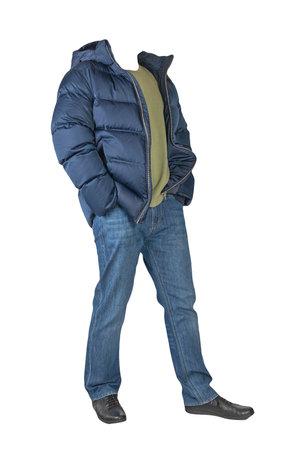 dark blue jeans, olive t-shirt, dark blue down jacket and black leather shoes isolated on white backgroundの写真素材
