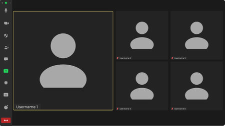 Video chat user interface. Online conference meeting. Video conference icon. Screen display of a video meeting application. Talking user frame on screen.のイラスト素材