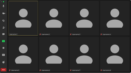 Video conference calls window overlay. Application for social communication. Call screen template. User interface from video webinars. Vector illustration.のイラスト素材