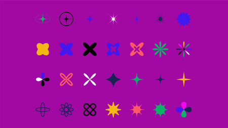 Minimal star shapes. Set of minimal icons in colors. Bauhaus inspired design elements. Futuristic composition in vector. Vector illustrationのイラスト素材
