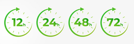 12, 24, 48, 72 hours clock arrow. symbol work time, delivery and service time, isolated green on white , Vector illustrationのイラスト素材