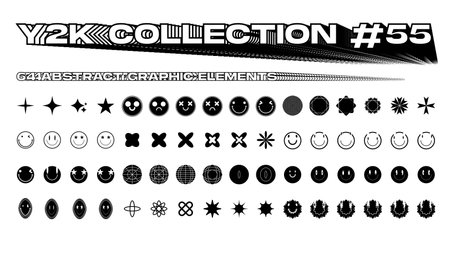 Super trendy geometric Y2K brutalism styled linear shapes. Set including stars, deformation, bubbles, arrows and other trendy shapes. Vector illustrationのイラスト素材