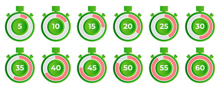 Timer and stopwatch icon set showing time - 5,10,15,20,25,30,35,40,45,50,55 minutes or seconds. Green and red color. Set of minimalist timers. Cooking time concept. Vector illustrationのイラスト素材