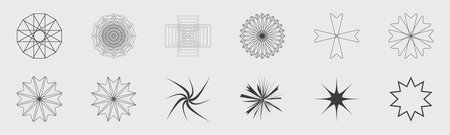 Retrofuturistic y2k geometry design elements collection. Big collection of abstract graphic geometric objects. Simple shapes forms. Isolated on background. Vector illustrationのイラスト素材