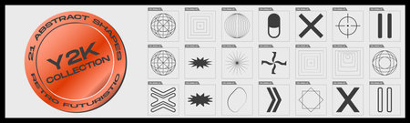 Retrofuturistic y2k geometry design elements collection. Minimalist geometric elements. Abstract bauhaus and boho cosmic style. Icons Collection. Vector illustrationのイラスト素材