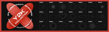 Vector set of Y2K. Large set of retro objects for design. Simple shapes forms. Glitch brutalism shapes. Vector illustrationのイラスト素材