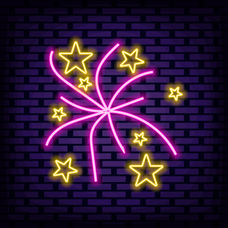 Fireworks Neon sign. Glowing with colorful neon light. Light banner. Design element. Vector Illustrationのイラスト素材