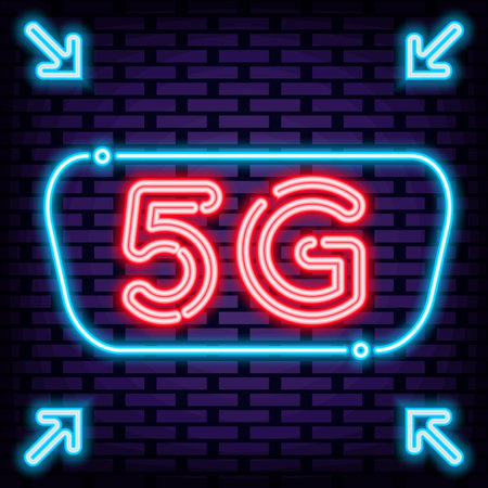 5g mobile internet Neon signboards. Neon script. Night advensing. Modern trend design. Vector Illustrationのイラスト素材