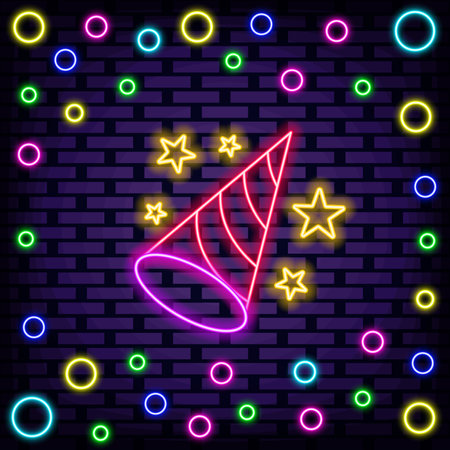 Happy Birthday Neon sign. On brick wall background. Announcement neon signboard. Bright colored vector. Vector Illustrationのイラスト素材