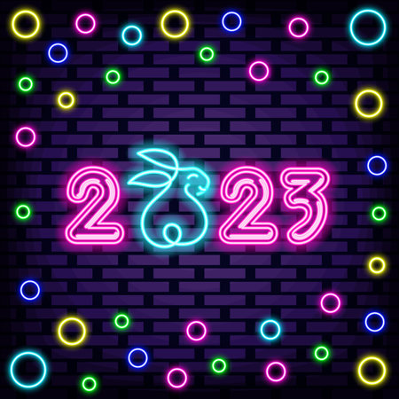 2023 Happy New Year and Merry Christmas Neon Sign Vector. Glowing with colorful neon light. Light art. Trendy design elements. Vector Illustrationのイラスト素材