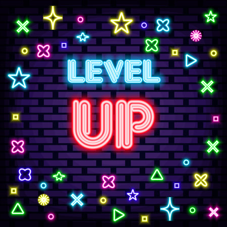 Level Up Badge in neon style. Bright signboard. Night bright advertising. Bright colored vector. Vector Illustrationのイラスト素材