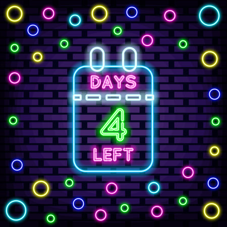4 Days Left Badge in neon style. Neon script. Announcement neon signboard. Bright colored vector. Vector Illustrationのイラスト素材