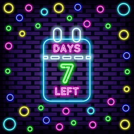 7 Days Left Neon Sign Vector. Neon script. Neon text. Isolated on black background. Vector Illustrationのイラスト素材