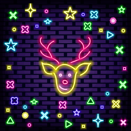 Christmas deer Neon sign. Glowing with colorful neon light. Night advensing. Modern trend design. Vector Illustrationのイラスト素材