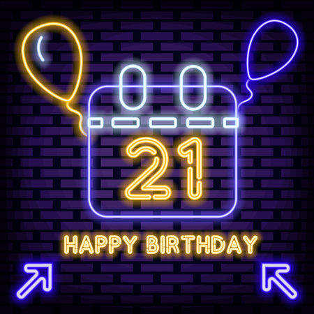 21th Happy Birthday 21 Year old Neon sign. On brick wall background. Light art. Bright colored vector. Vector Illustrationのイラスト素材