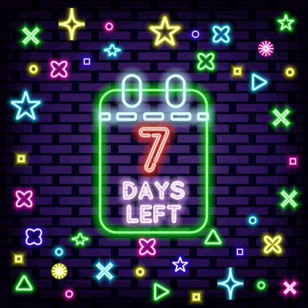 7 Days Left Badge in neon style. Neon script. Night advensing. Design element. Vector Illustrationのイラスト素材
