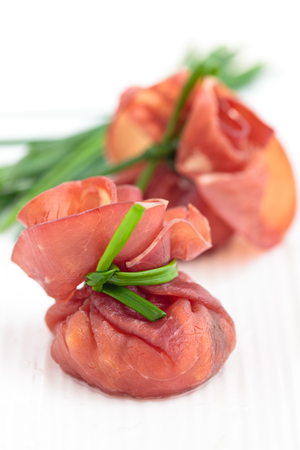 Italian food. Stuffed bresaola appetizers for holidays.の写真素材