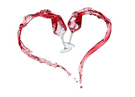 Red wine heart shaped splashing out of a glass, isolated on white.の写真素材