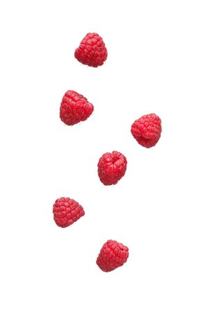 Falling red raspberries isolated on white background.
の写真素材