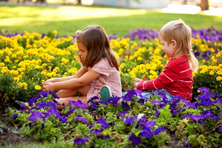 Little boy and girl picking flowers for mother の写真素材