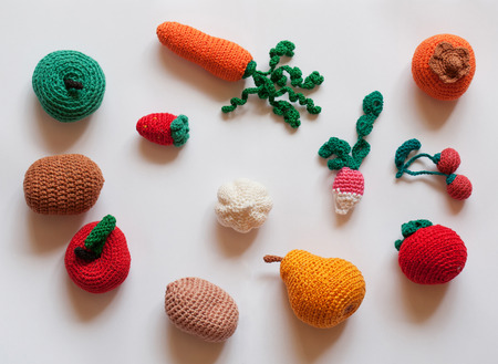 set of hand-made knitted fruit and vegetablesの写真素材