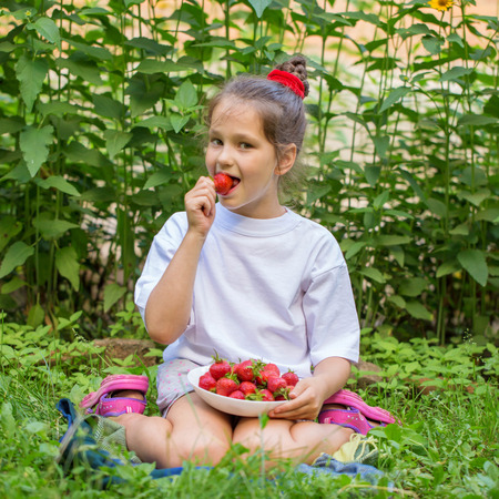 Child in white T-shirt eating strawberries sitting on green grass.の写真素材