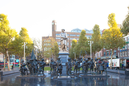 November 8, 2018. Amsterdam, Noord-Holland, the Netherlands. Rembrandt Square. Monument to Rembrandt and sculptural composition "Night Watch"のeditorial素材